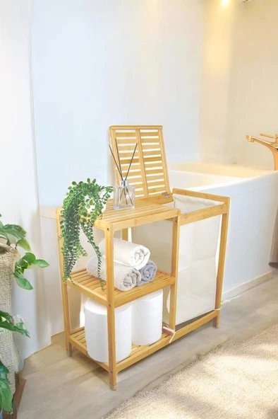 Digithome Bambu 3 Raflı Kumaş Sepetli Banyo Düzenleyici Kirli Çamaşır Sepeti D/8 JW-22750 C1-1-289 - 3