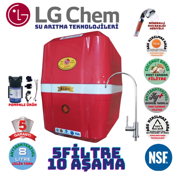LG Chem COOL KIRMIZI BEYAZ POMPALI 8 LİTRE 5 FİLTRE 10 AŞAMA SU ARITMA CİHAZI