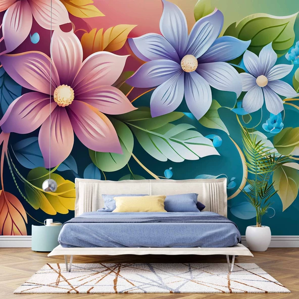3 Boyutlu Rengarenk Çiçek Temalı Duvar Kağıdı - Resim 2