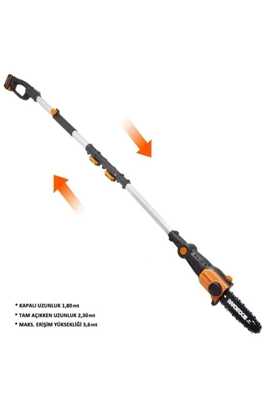 WORX WG349E 20Volt 2.0Ah Li-ion Tek Akülü 20CM Profesyonel Teleskobik Saplı Açı Ayarlı Zincirli Dal Budama - 2