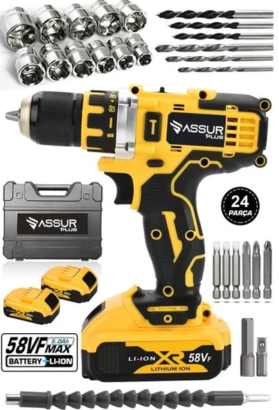 Assur Plus Matkap 58vf 5ah Li Sjs Çift Metal Şanzuman Çift Akülü Şarjlı Matkap 24 Parça Set Hediyeli