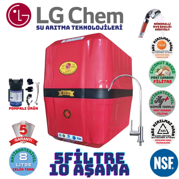 LG Chem COOL KIRMIZI SİYAH POMPALI 8 LİTRE 5 FİLTRE 10 AŞAMA SU ARITMA CİHAZI
