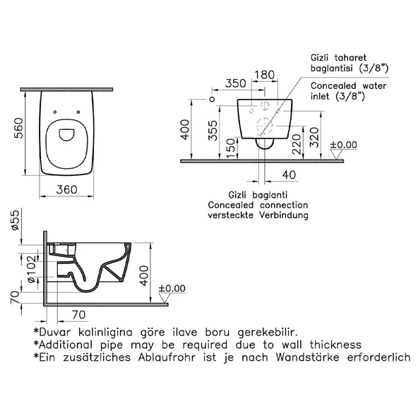 7672B070-0559 Vitra Metropole Rim-ex Kanalsız Asma Klozet, 56 cm, Siyah - 2