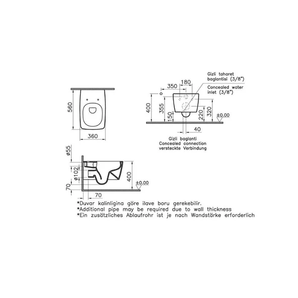 7672B001-0559 Vitra Metropole Rim-ex Kanalsız Asma Klozet, 56 cm, Mat Beyaz - 2