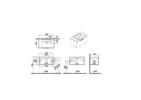 68222 Vitra Root Flat Tek Çekmeceli Lavabo Dolabı, 80 cm, Mat Lacivert (Köşeli Lavabo Dahil) - 2