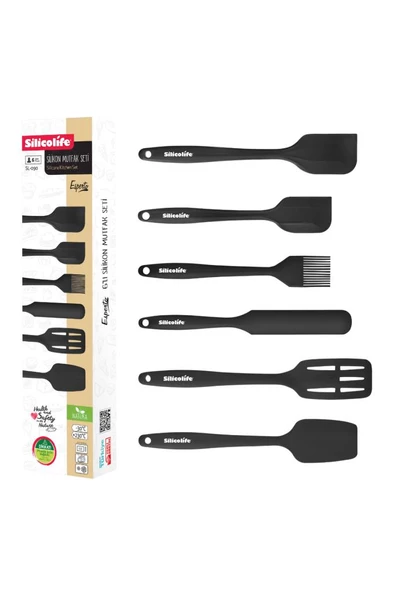 Silikon Mutfak Seti 6’lı, Isıya Dayanıklı Yanmaz Yapışmaz Silikon Spatula Seti 6 Parça Siyah - 5