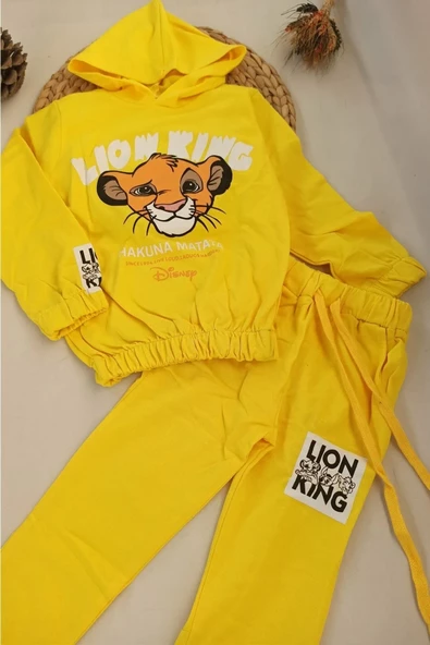 Kapşonlu Sarı Lion King Desen Çucuk Eşofman Takımı