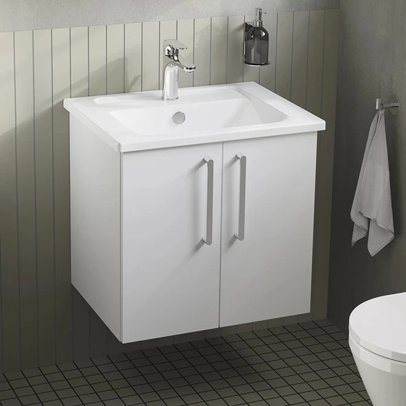 66354 Vitra Root Flat Kapaklı Lavabo Dolabı, 60 cm, Parlak Beyaz (Köşeli Lavabo Dahil) - Resim 2