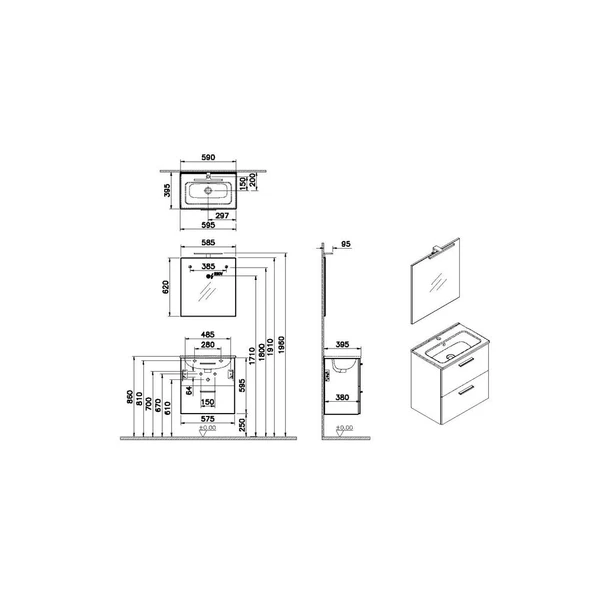 75102 Vitra Mia Demonte Set, 60 cm, Çekmeceli, (Lavabo Dolabı, Aydınlatmalı Ayna), Antrasit - 2