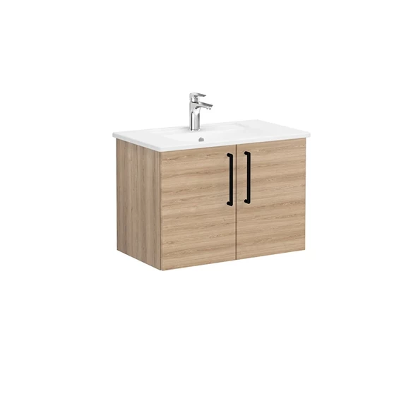 66386 Vitra Root Flat Kapaklı Lavabo Dolabı, 80 cm, Doğal Meşe (Köşeli Lavabo Dahil)