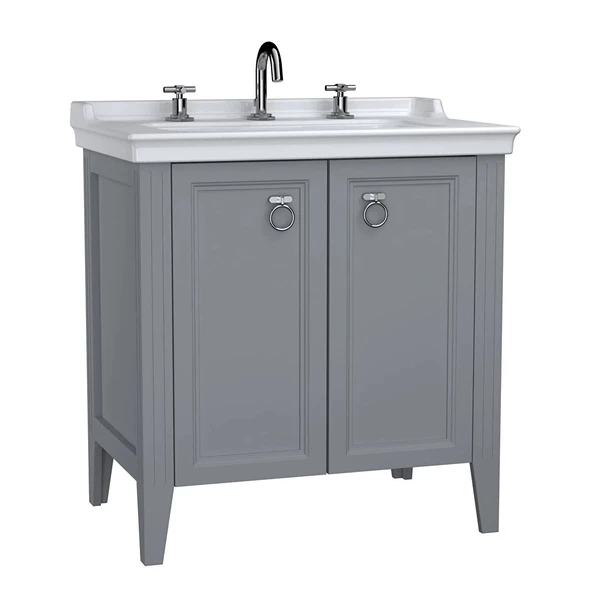 62154 Vitra Valarte Kapaklı Etajerli Lavabo Dolabı, 80 cm, Mat Gri (Lavabo Dahil-Krom Kulplu)
