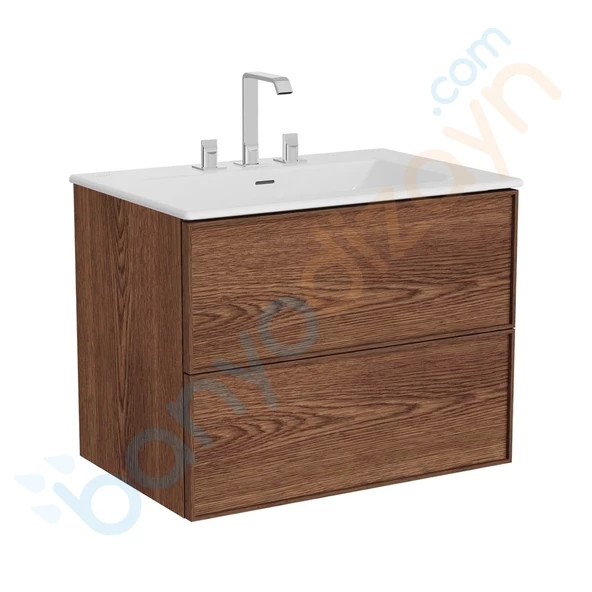 67454 Vitra Metropole Edge Lavabo Dolabı, Çift Çekmeceli, Etajerli 3 Armatür Delikli Lavabolu, 80 cm, Ceviz