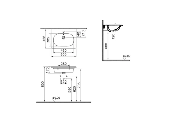 7791B003-0001 Vitra Zentrum Orta Armatür Delikli Etajerli Lavabo, 60x46 cm - 2