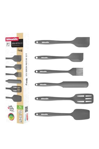 Silikon Mutfak Seti 6’lı, Isıya Dayanıklı Yanmaz Yapışmaz Silikon Spatula Seti 6 Parça Gri - 5