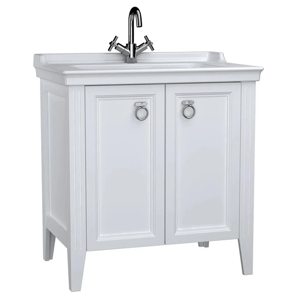 62153 Vitra Valarte Kapaklı Etajerli Lavabo Dolabı, 80 cm, Mat Beyaz (Lavabo Dahil-Krom Kulplu)