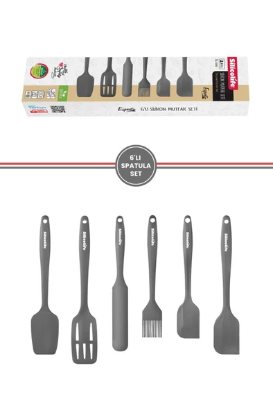 Silikon Mutfak Seti 6’lı, Isıya Dayanıklı Yanmaz Yapışmaz Silikon Spatula Seti 6 Parça Gri - 3
