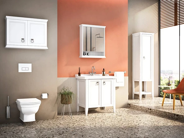 62153 Vitra Valarte Kapaklı Etajerli Lavabo Dolabı, 80 cm, Mat Beyaz (Lavabo Dahil-Krom Kulplu) - Resim 2