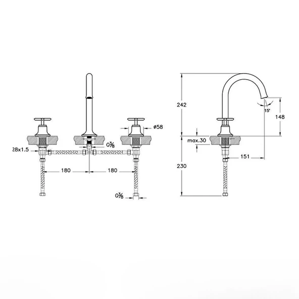 A42891 VitrA Origin Classic Ankastre Lavabo Bataryası (3 Delikli Lavabolar için) - 2