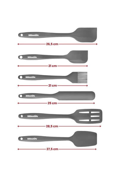 Silikon Mutfak Seti 6’lı, Isıya Dayanıklı Yanmaz Yapışmaz Silikon Spatula Seti 6 Parça Gri - 4