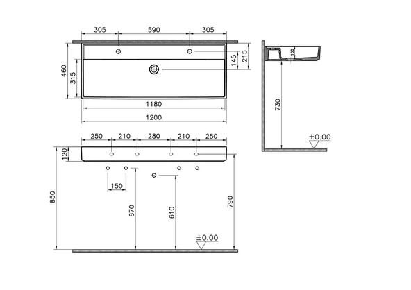 7418B077-0041 Vitra ArchiPlan Lavabo, 120x46 cm, Mat Terra Rosa - Resim 2