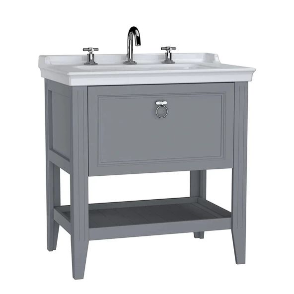62190 Vitra Valarte Tek Çekmeceli Etajerli Lavabo Dolabı, 80 cm, Mat Gri (Lavabo Dahil-Krom Kulplu)