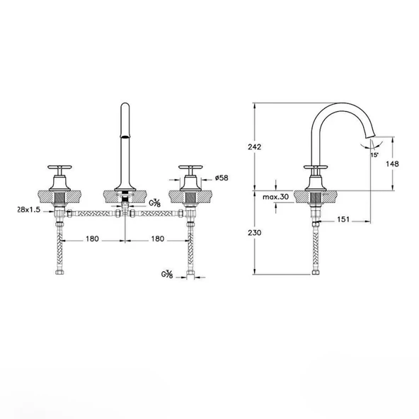 Vitra Origin Classic Ankastre Lavabo Bataryası (3 Delikli Lavabolar İçin), Fırçalı Altın A4289125 - 2