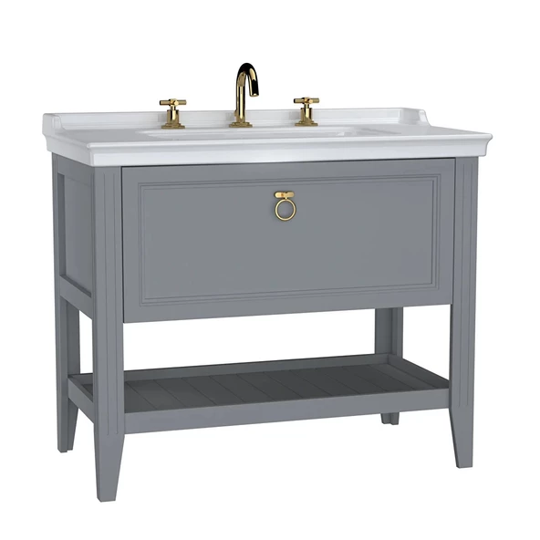62193 Vitra Valarte Tek Çekmeceli Etajerli Lavabo Dolabı, 100 cm, Mat Gri (Lavabo Dahil-Krom Kulplu)