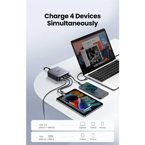 UGREEN NEXODE 100W GAN MASAÜSÜ HIZLI SARJ CIHAZI TYPE-C QC PD 4 PORTLU 3XUSB-C 1XUSB-A GRI 90928 - 2