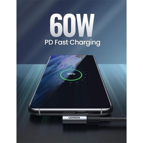 UGREEN USB-C 60W 3A QC PD ÇIFT TARAFI 90 DERECE ÖRGÜLÜ HIZLI SARJ KALOSU 2 MT SIYAH 70531 - 3