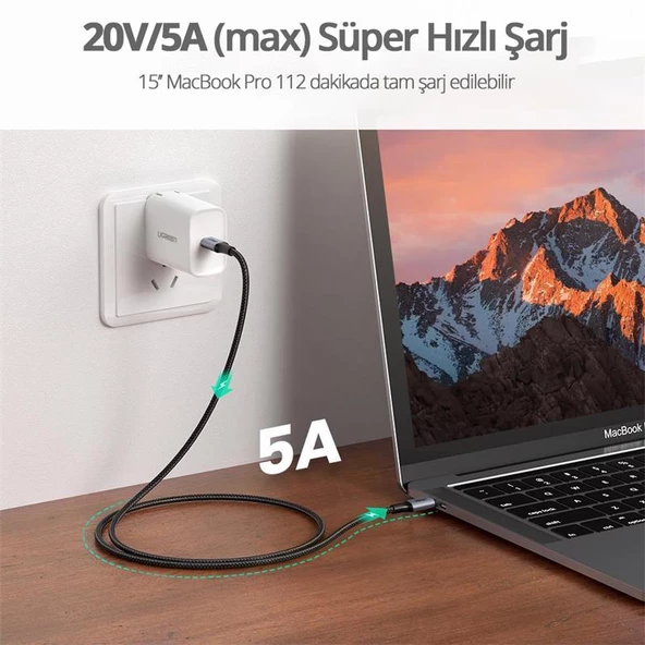 UGREEN TYPE-C 100W 5A QC PD ÖRGÜLÜ HIZLI SARJ KABLOSU 2 MT SIYAH 70429 - 3