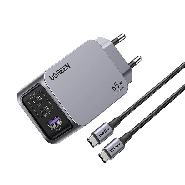 UGREEN NEXODE PRO 65W GAN HIZLI SARJ CIHAZI TYPE-C QC PD 2XUSB-C 1XUSB-A UZAY GRISI 25871