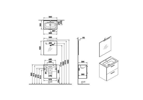 75021 Vitra Mia Demonte Set, 60 cm, Çekmeceli, (Lavabo Dolabı, Aydınlatmalı Ayna), Parlak Beyaz - 2
