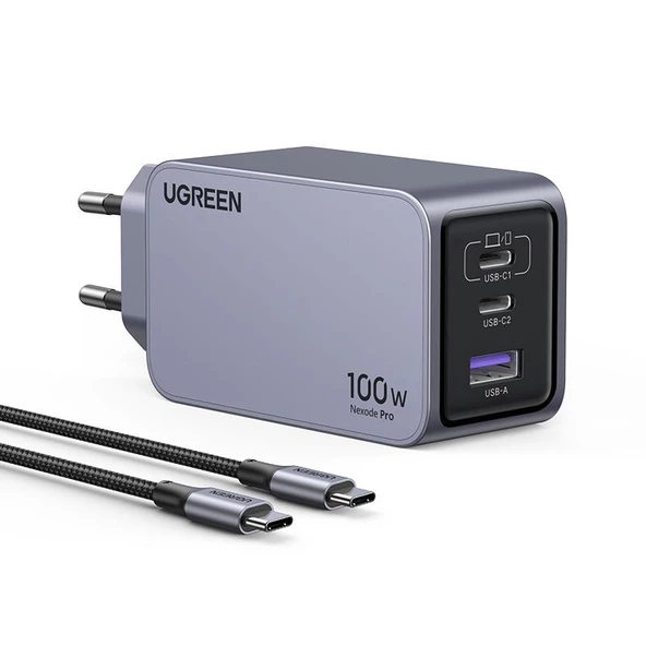 UGREEN NEXODE PRO 100W GAN HIZLI SARJ CIHAZI TYPE-C QC PD 2XUSB-C, 1XUSB-A UZAY GRISI 25874 - 2
