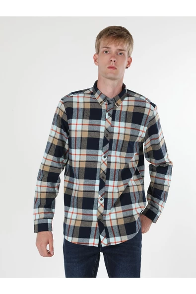 Colins Regular Fit Kareli Lacivert Erkek Uzun Kol Gömlek Cl1060907