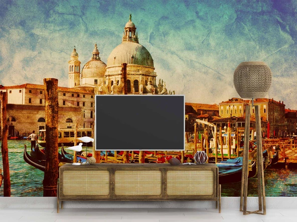 Eskitme Venedik Kilisesi Manzaralı Duvar Kağıdı - Resim 3