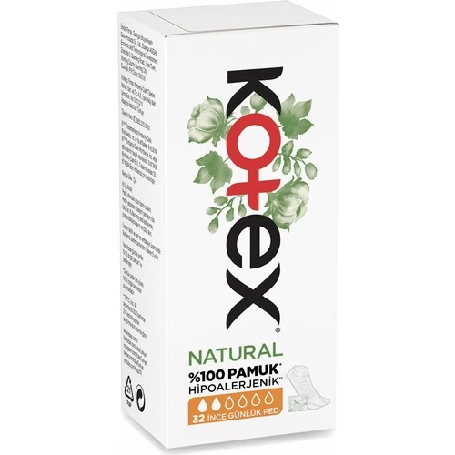 Kotex Natural Günlük Ped İnce %100 Pamuk Hipoalerjenik 32'Li