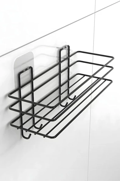 Yapışkanlı 4 Kancalı Banyo Rafı Mat Siyah Banyo Şampuanlık Duşakabin Duş Askısı - 4