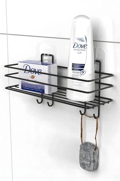 Yapışkanlı 4 Kancalı Banyo Rafı Mat Siyah Banyo Şampuanlık Duşakabin Duş Askısı - 3