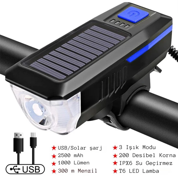 Monozone Güneş Enerejili Bisiklet Feneri Korna Su Geçirmez Solar Scooter Işık Şarj Edilebilir Ön Far (Mavi) - 2