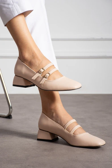 Albishoes Kadın Kare Topuk Küt Burunlu Çift Bantlı Klasik Ofis Günlük Şık Topuklu Ayakkabı (36-44) - 2