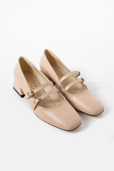 Albishoes Kadın Kare Topuk Küt Burunlu Çift Bantlı Klasik Ofis Günlük Şık Topuklu Ayakkabı (36-44) - 4