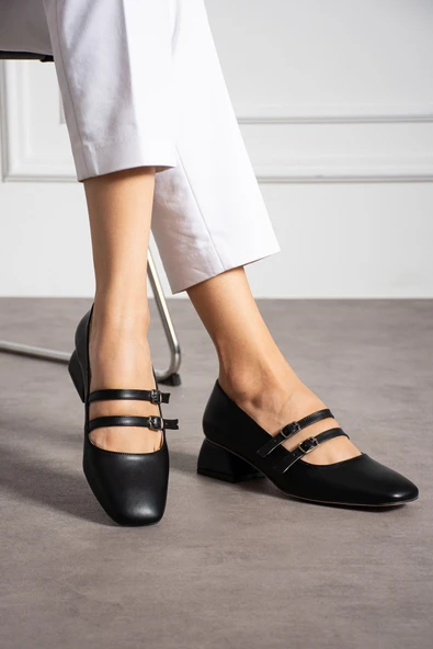 Albishoes Kadın Kare Topuk Küt Burunlu Çift Bantlı Klasik Ofis Günlük Şık Topuklu Ayakkabı (36-44) - 2
