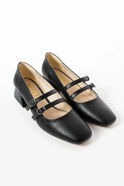 Albishoes Kadın Kare Topuk Küt Burunlu Çift Bantlı Klasik Ofis Günlük Şık Topuklu Ayakkabı (36-44) - 5