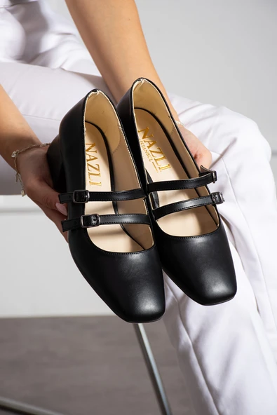 Albishoes Kadın Kare Topuk Küt Burunlu Çift Bantlı Klasik Ofis Günlük Şık Topuklu Ayakkabı (36-44) - 4