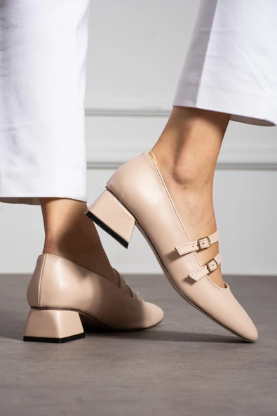 Albishoes Kadın Kare Topuk Küt Burunlu Çift Bantlı Klasik Ofis Günlük Şık Topuklu Ayakkabı (36-44) - 3