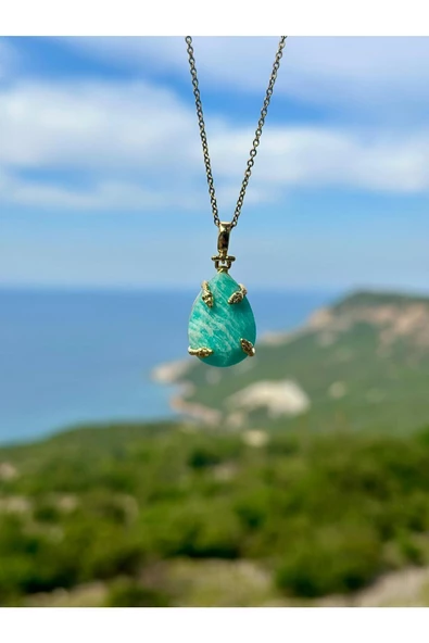 Gökçeada Doğaltaş Medusa Amazonit Taşı Kolye Kararmaz Zincirsiz