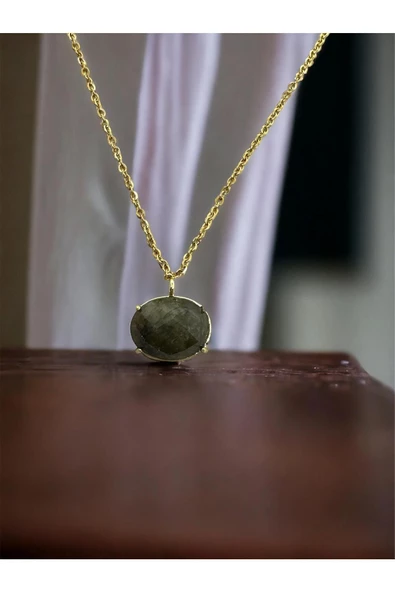 Gökçeada Doğaltaş Oval Labradorit Taşı Kolye Kararmaz Zincirsiz - 4