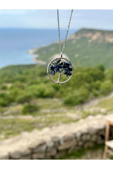 Gökçeada Doğaltaş Hayat Ağacı Lapis Taşı Kolye Kararmaz Zincirsiz - 4