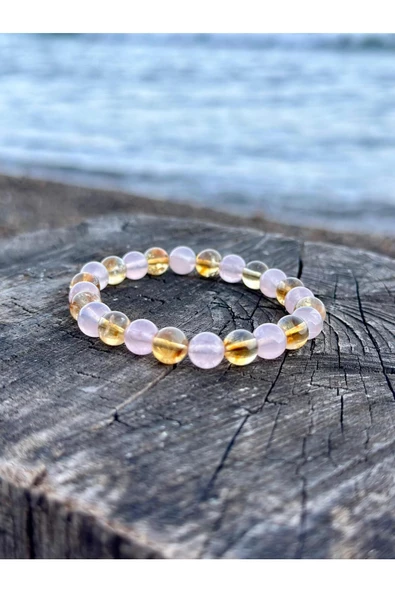Gökçeada 8 Mm Sitrin - Madagaskar Pembe Kuvars Taşı Erkek Kadın Doğal Taş Bileklik - 4