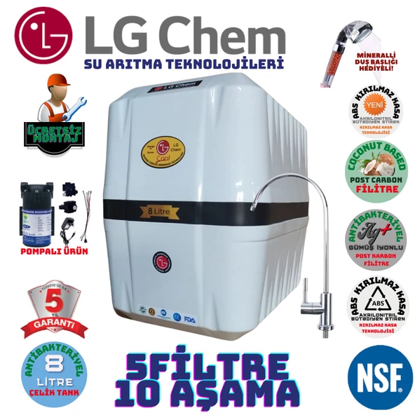 LG Chem COOL BEYAZ  SİYAH POMPALI MONTAJ DAHİL 8 LİTRE 5 FİLTRE 10 AŞAMA SU ARITMA CİHAZI